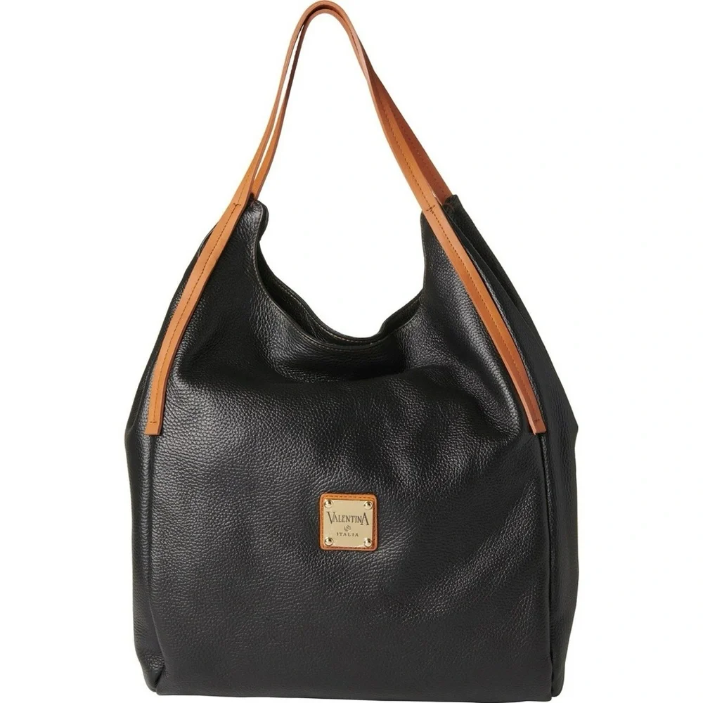 Valentina‎ Black and Tan Pebbled Leather Tote Shoulder Bag